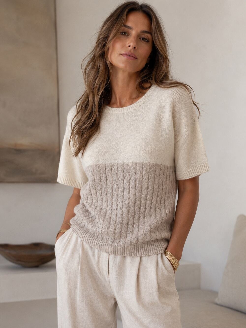 W.Cashmere Colorblock Half Sleeve Round Neck Knit Pullover Sweater Cream Tan